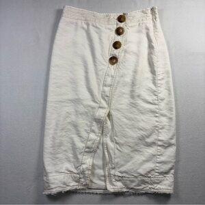 Anthropologie Maeve Midi Skirt Ivory Sz 12 High Waist Linen Blend Buttons Slit